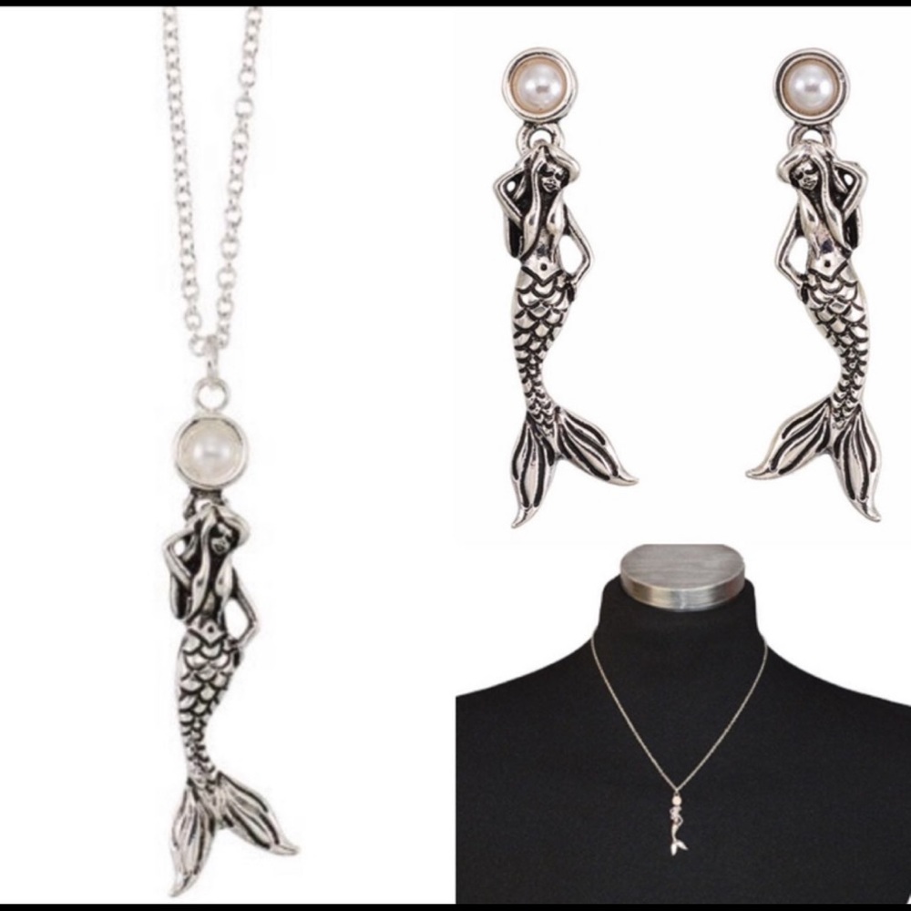 Mermaid Silver Pearl Necklace& Earring Set  NEW